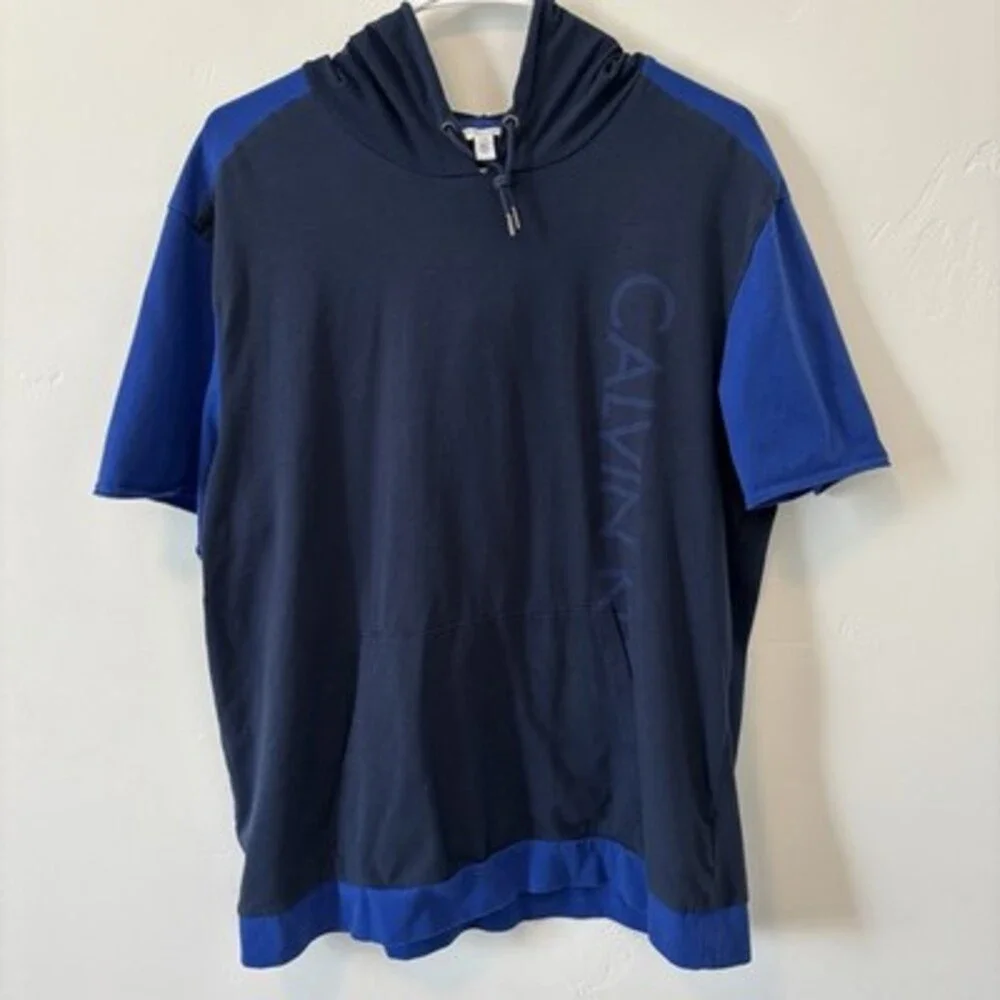 Calvin Klein Mens Blue Hoodie Shirt Large Short Sleeve Cotton